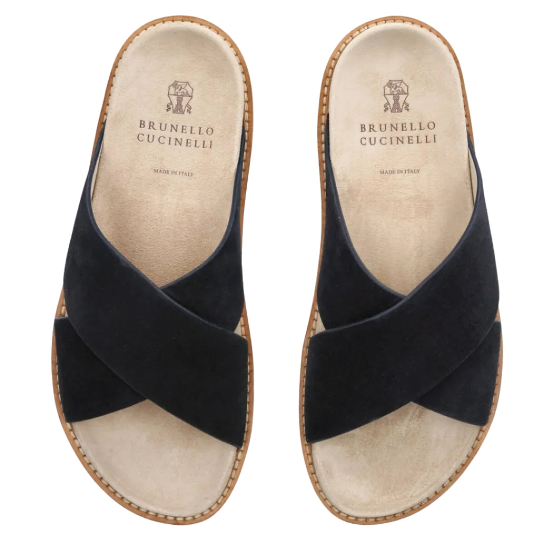 Brunello Cucinelli Black Suede Crossover Black Sandals