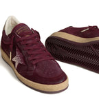 Golden Goose Ball Star trainers in burgundy suede with crystal star and metallic leather heels tab