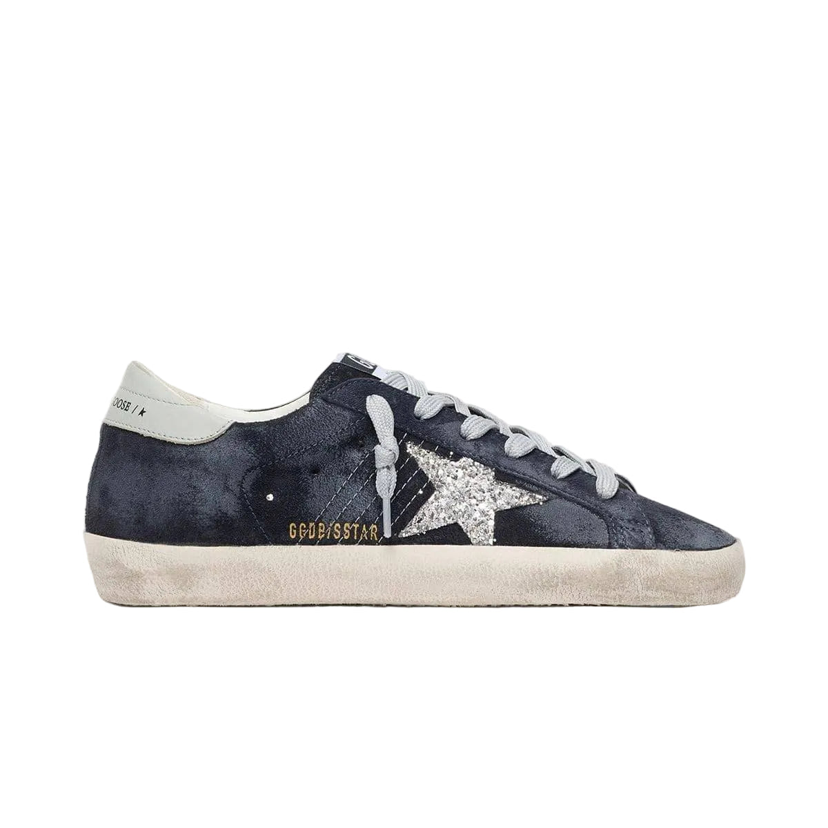 Golden Goose Super-Star in blue suede with silver glitter star and leather heel tab