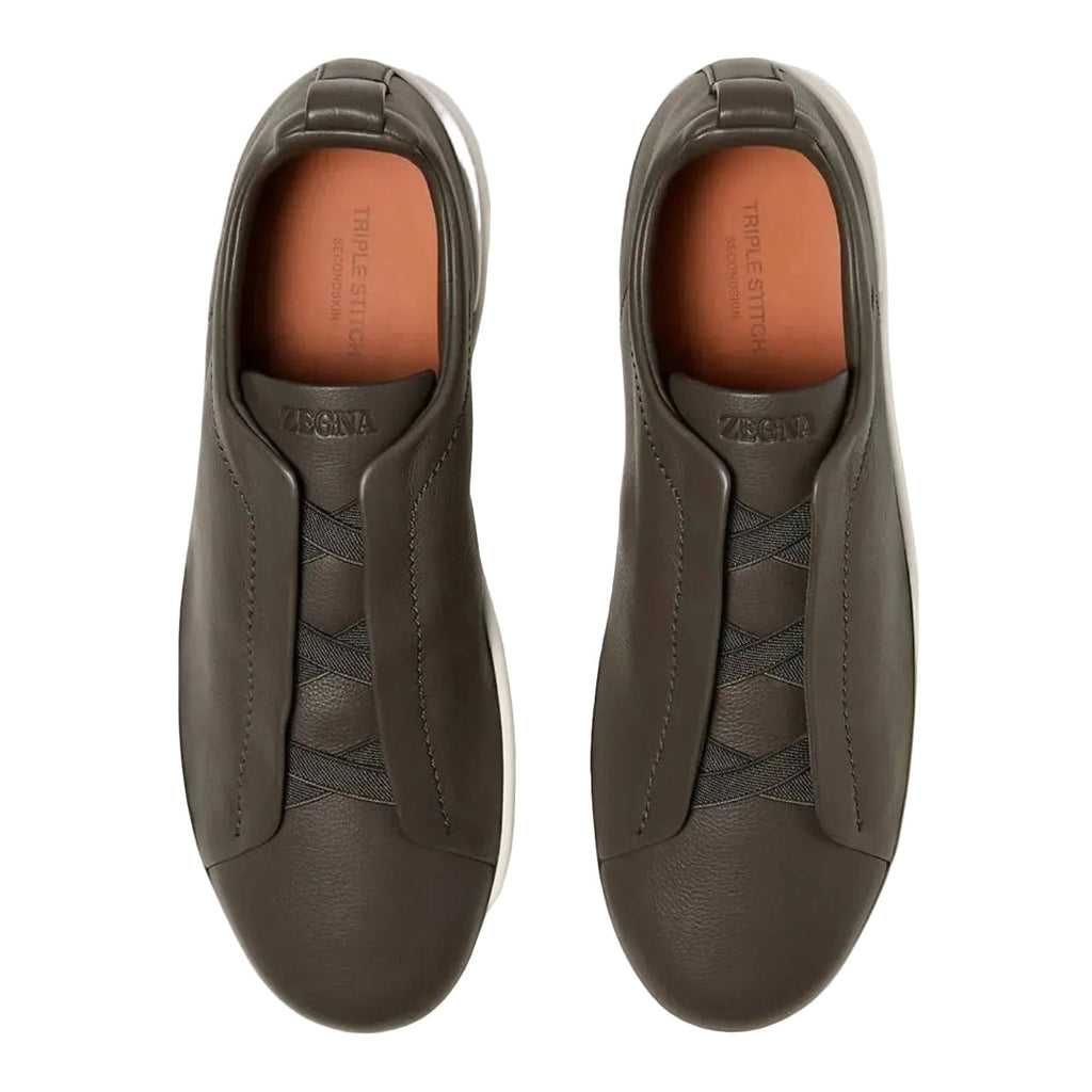 ZEGNA Triple Stitch SECONDSKIN Leather Sneakers Dark Taupe