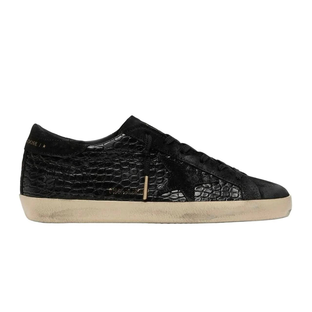 Golden Goose Super-Star LTD in black croc-print leather with black suede star and heel tab(Women's)