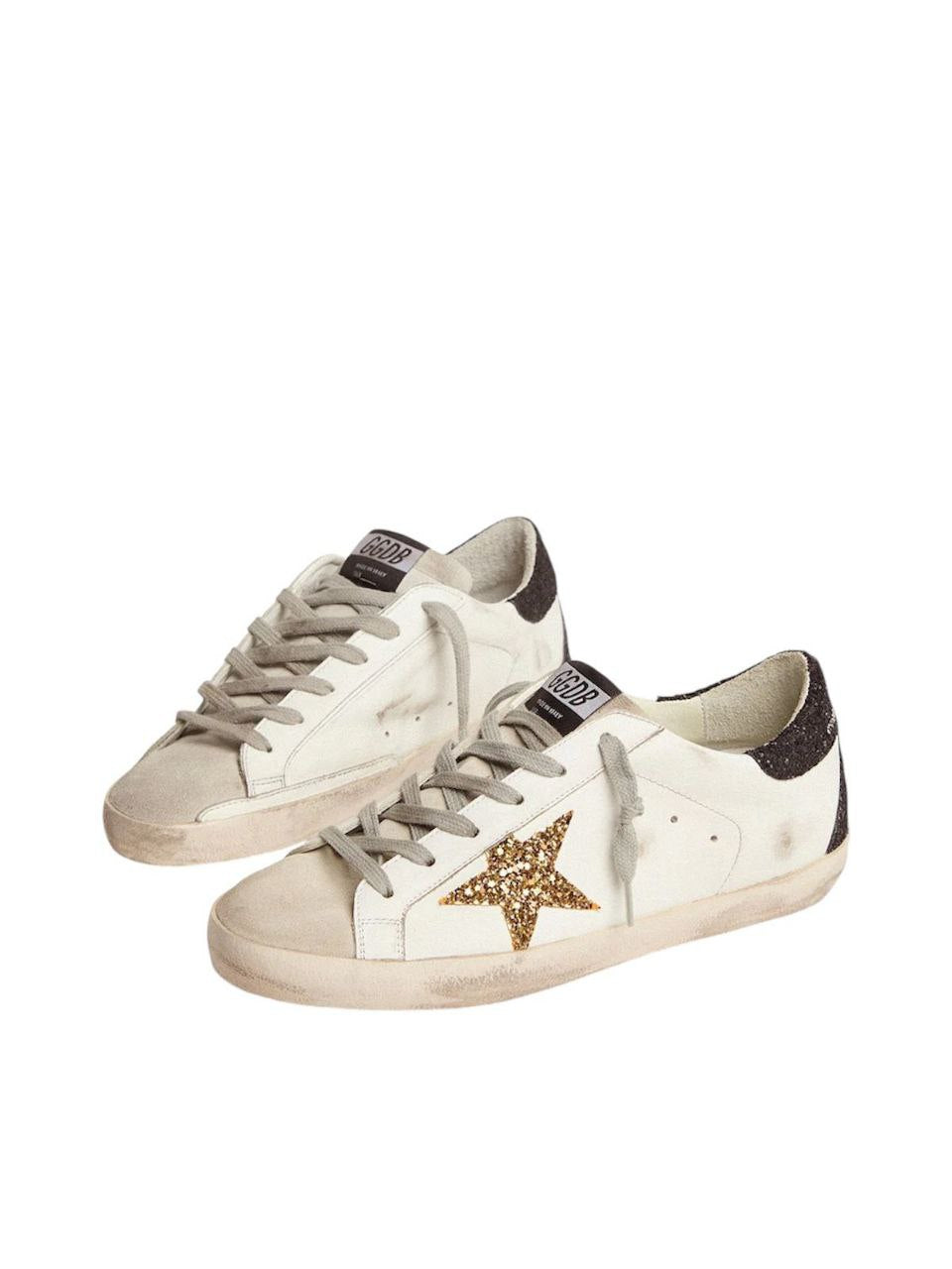 Golden Goose Super-Star in nappa leather with gold glitter star and black glitter heel tab(Women's)