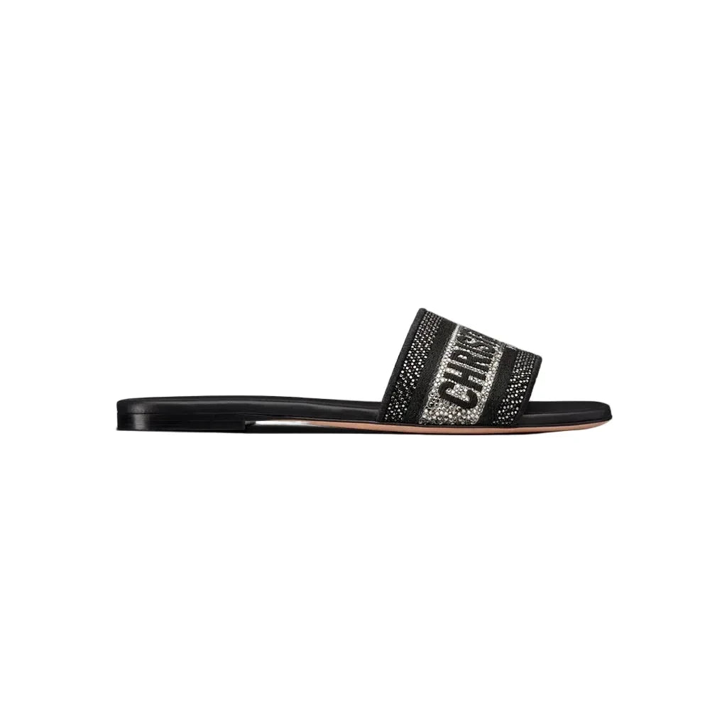 Cristian Dior Dway Slide Black Cotton Embroidery with Metallic Thread and Silver-Tone Strass