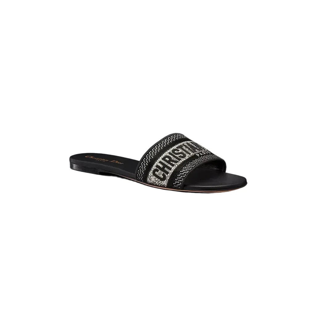 Cristian Dior Dway Slide Black Cotton Embroidery with Metallic Thread and Silver-Tone Strass
