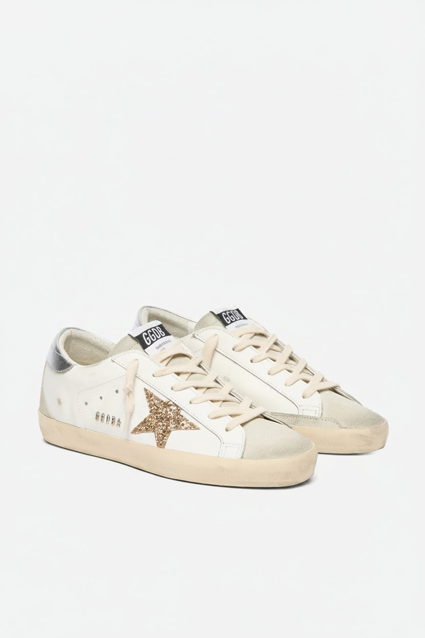 Women's Super-Star with gold glitter star and ice-gray suede inserts